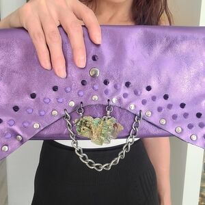 Purple Studded Metallic Clutch with Chain Accent